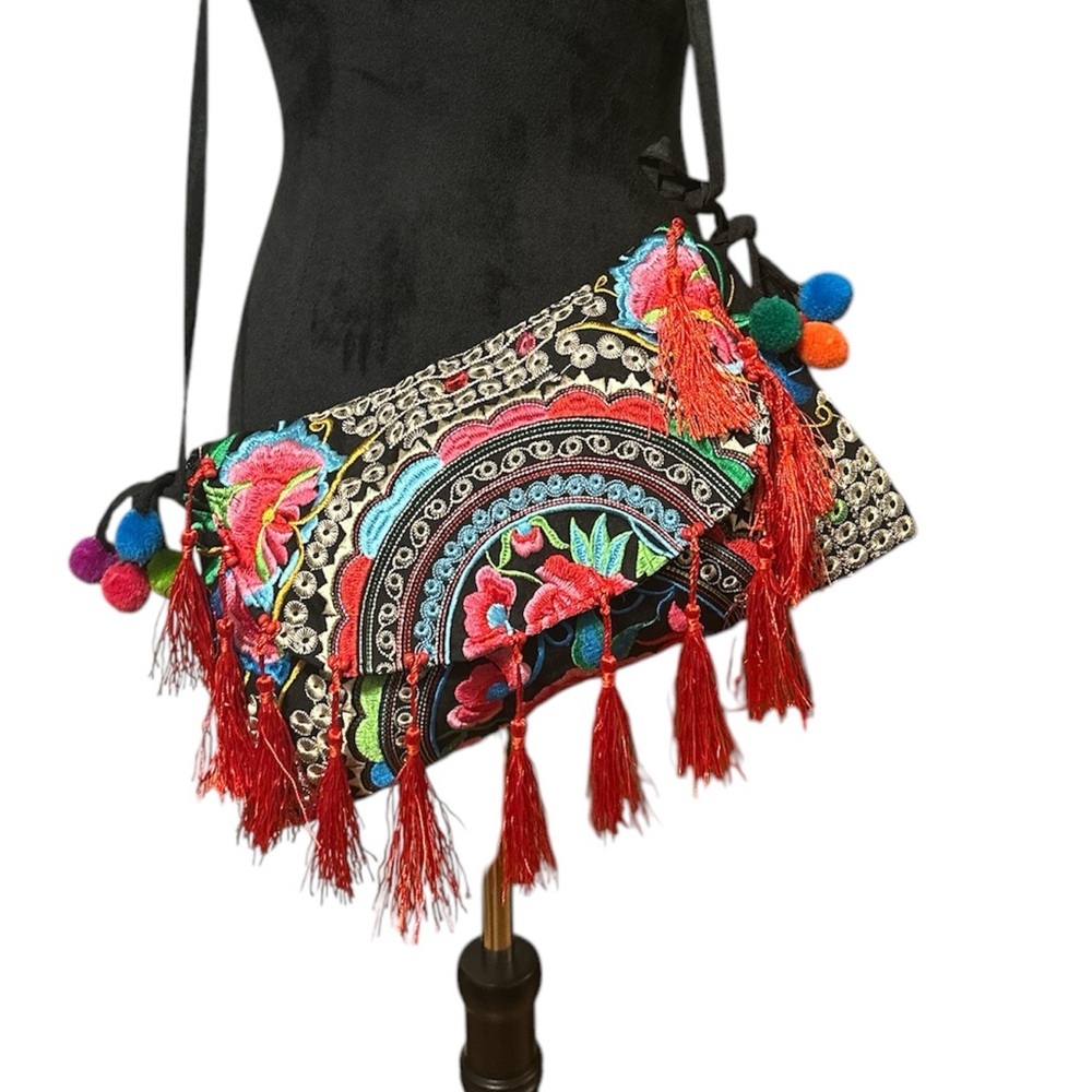 Multicolored Boho Embroidery with Pompoms & Tassels Crossbody - Picture 4 of 8
